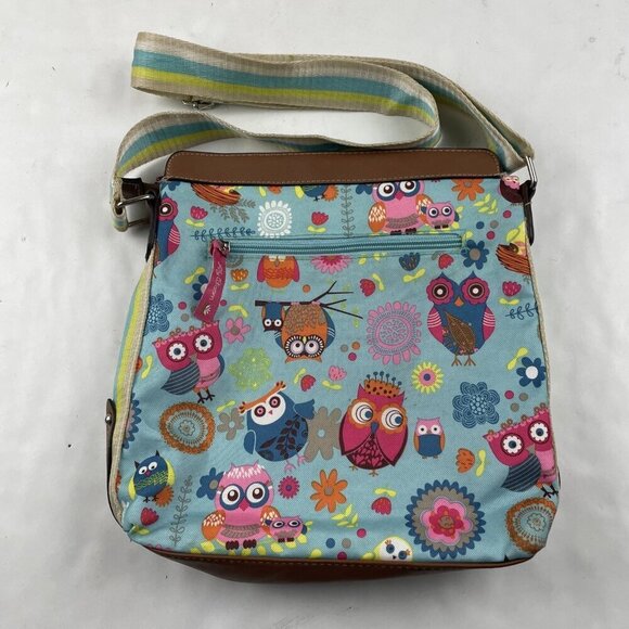 Lily Bloom Crossbody Purse Owls Medium Size Blue Brown Polyester Canvas - Picture 2 of 13